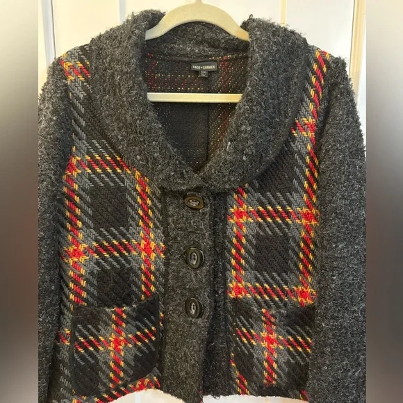 Coco+Carmen Women’s Grey Wool Blend Plaid V-Neck Cardigan Sweater Jacket Sz S/M - Picture 4 of 10